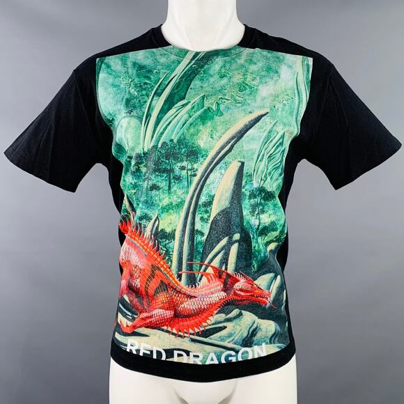 VALENTINO 2019 Size S Black Green Red Dragon Graphic Cotton Crew Neck T-shirt - Picture 1 of 10